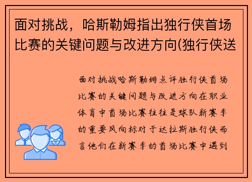 面对挑战，哈斯勒姆指出独行侠首场比赛的关键问题与改进方向(独行侠送出哈达威和约翰逊换来了乐福)