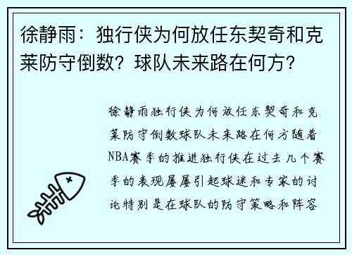 徐静雨:独行侠为何放任东契奇和克莱防守倒数?球队未来路在何方?