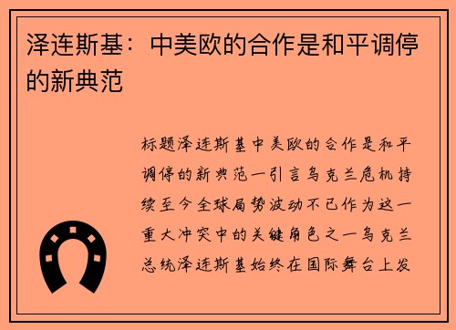 泽连斯基：中美欧的合作是和平调停的新典范