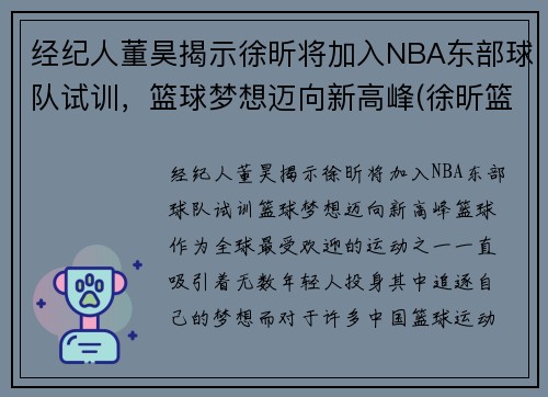 经纪人董昊揭示徐昕将加入NBA东部球队试训,篮球梦想迈向新高峰(徐昕篮球运动员简介)