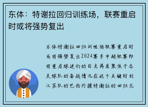 东体:特谢拉回归训练场,联赛重启时或将强势复出